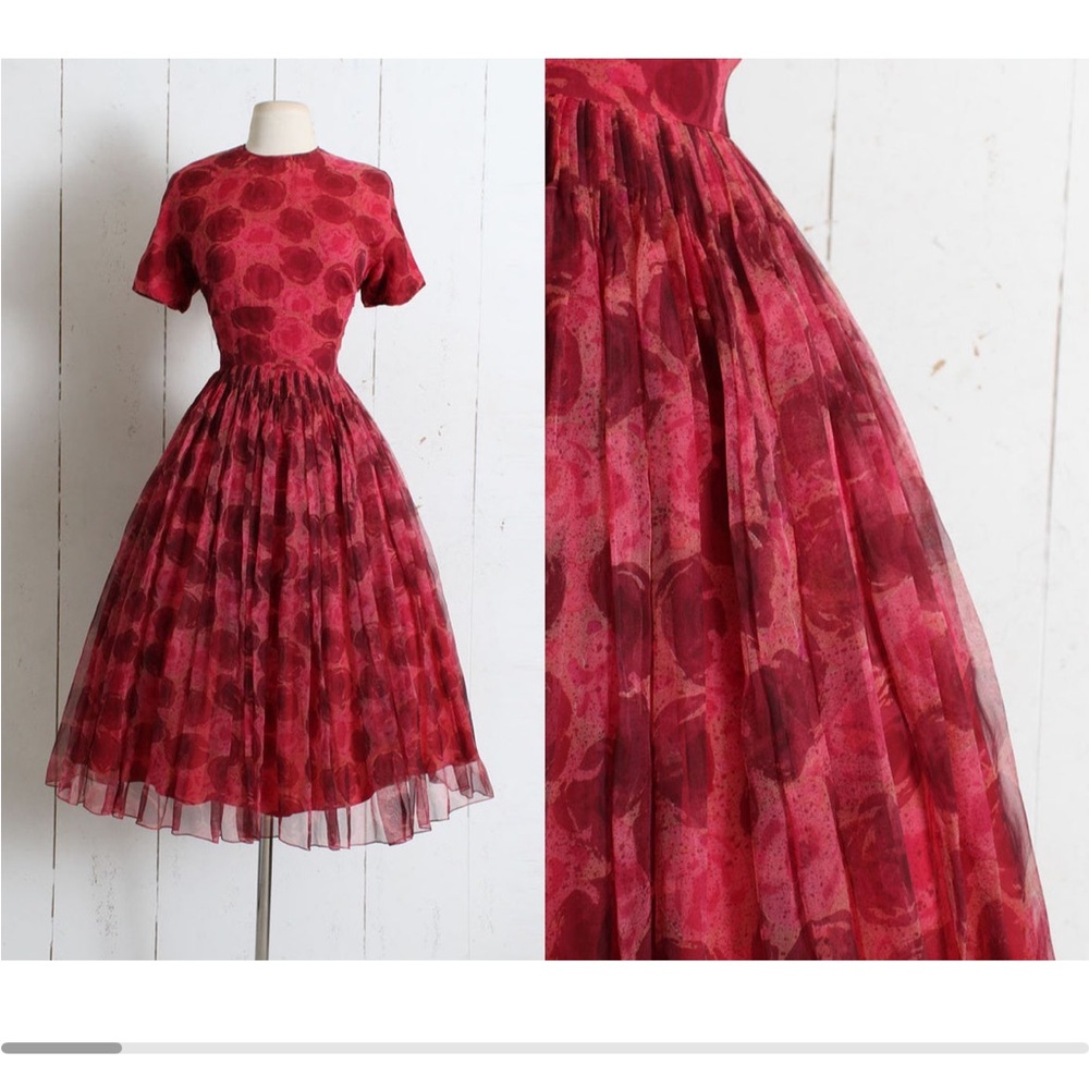 Vintage 1950s Saks Fifth Avenue Silk Rose Print Midi Cocktail Dress